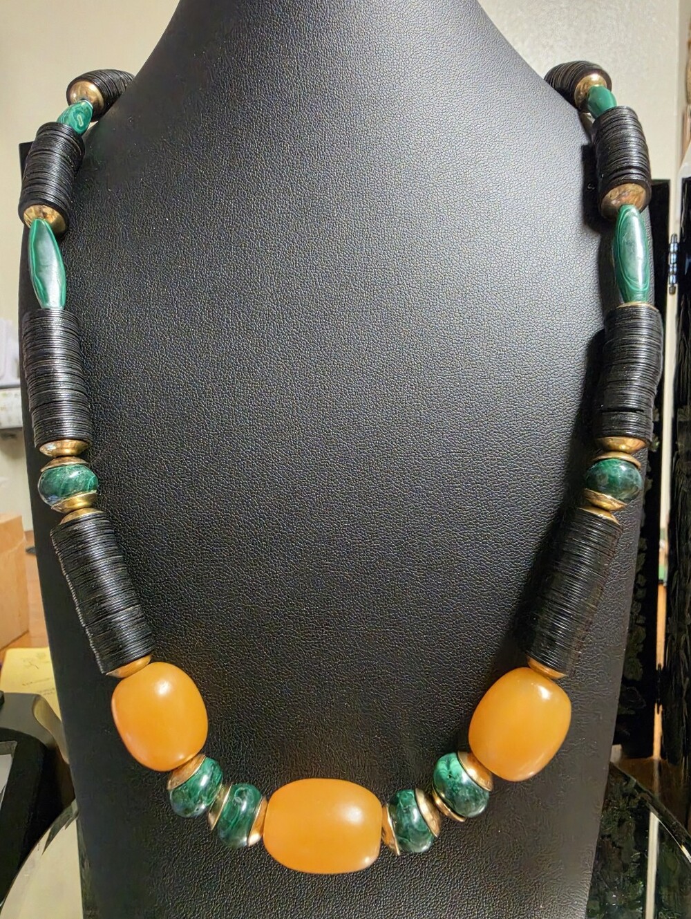 Vintage Berber Copal Amber and Malachite African Trade Bead Necklace